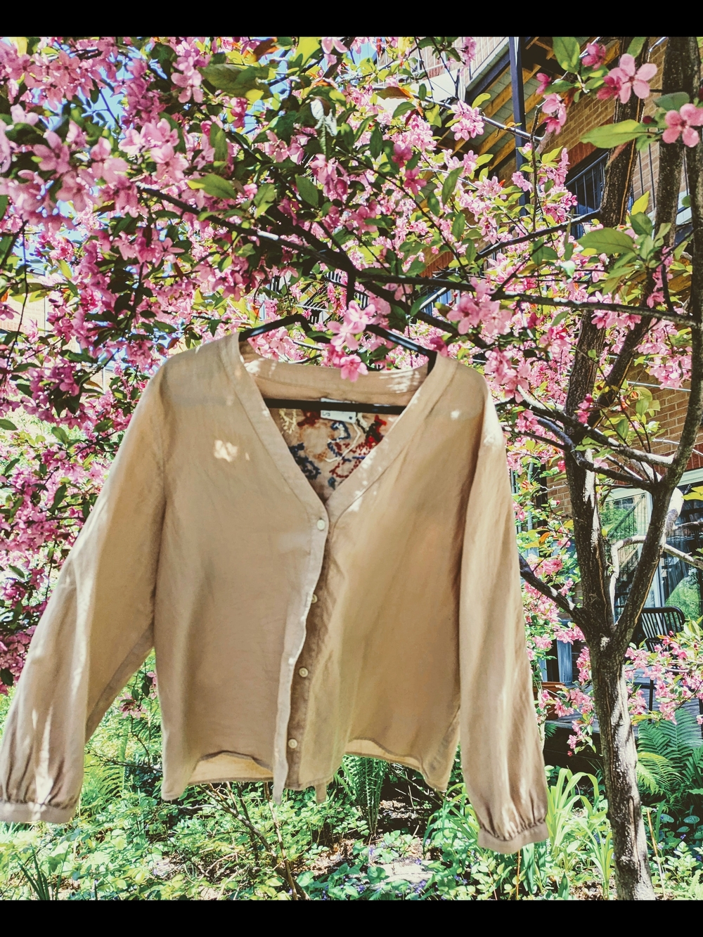 Frank & Oak Upcycled Slow-Stitched Artist Peasant Layering Blouse L Beige Cotton